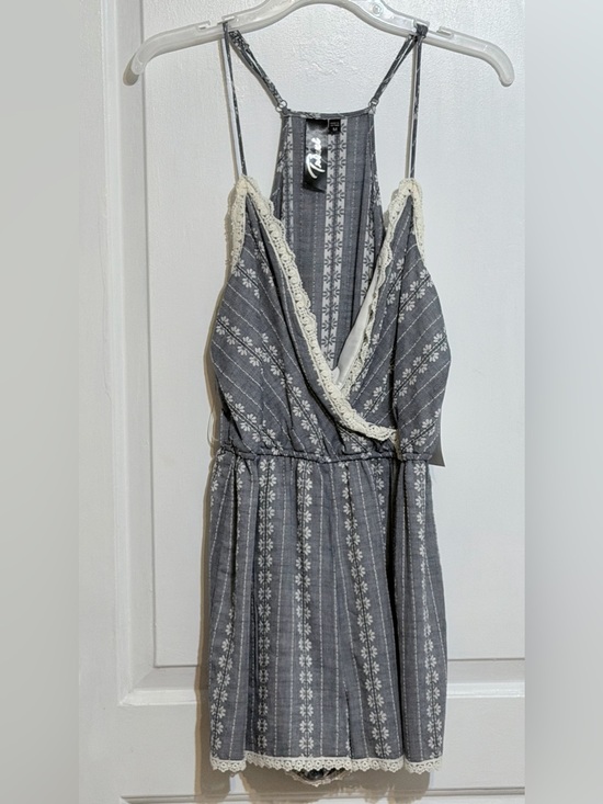 Riviera Other - Riviera Gray and White Geometric Floral Lace-Trim Romper